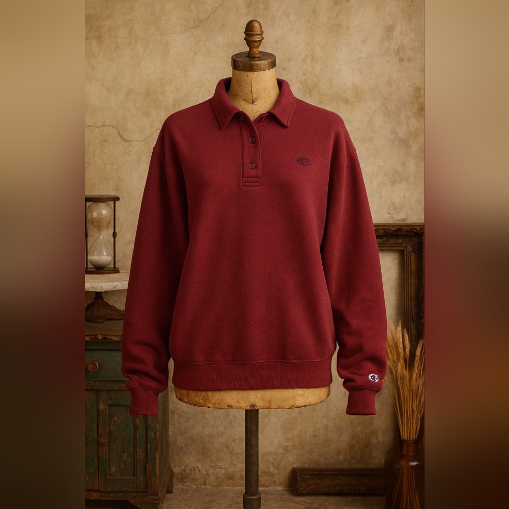 Champion Henley Sweatshirt Oversized Fit Small Burgundy Pullover